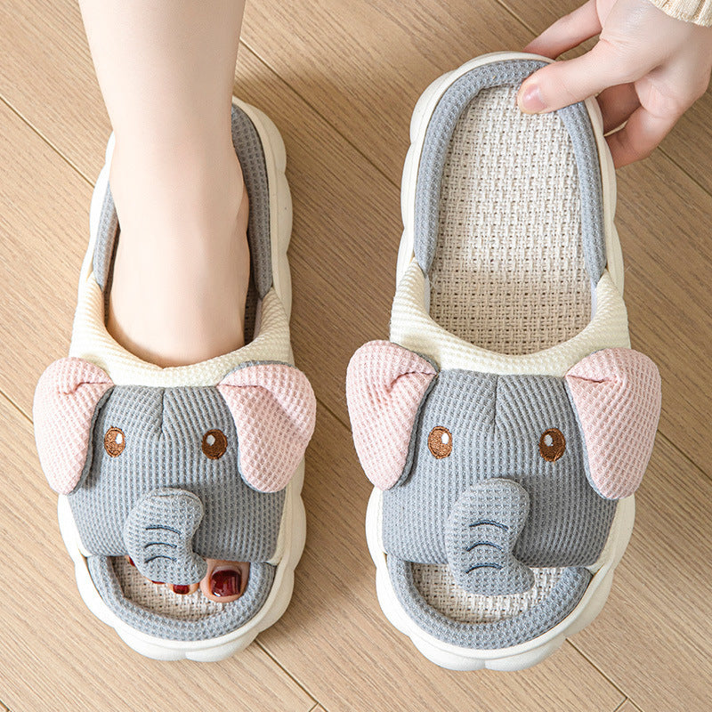 Gri Fil Detaylı Puf Terlik (Couples Openings Open Toe Animal Linen Slippers)