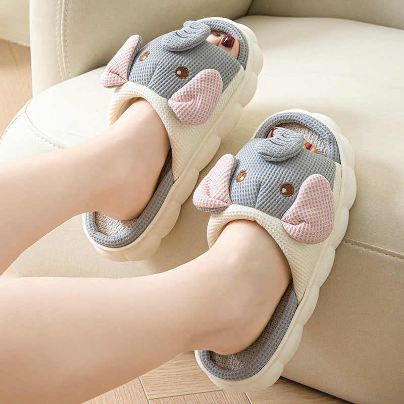 Gri Fil Detaylı Puf Terlik (Couples Openings Open Toe Animal Linen Slippers)