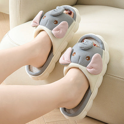 Gri Fil Detaylı Puf Terlik (Couples Openings Open Toe Animal Linen Slippers)