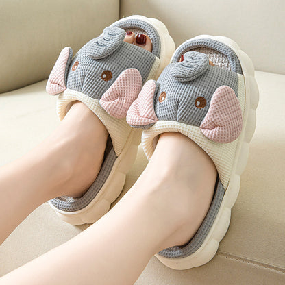 Gri Fil Detaylı Puf Terlik (Couples Openings Open Toe Animal Linen Slippers)