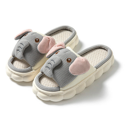 Gri Fil Detaylı Puf Terlik (Couples Openings Open Toe Animal Linen Slippers)